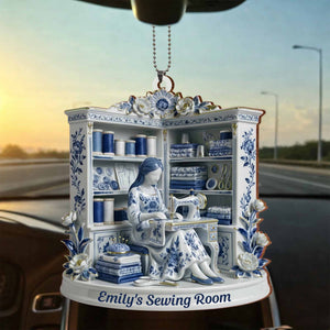 A Serene Crafting Moment With Sewing Machine And Flowers,Car Hanging Ornament,Gift For Crafters And Hobbyists