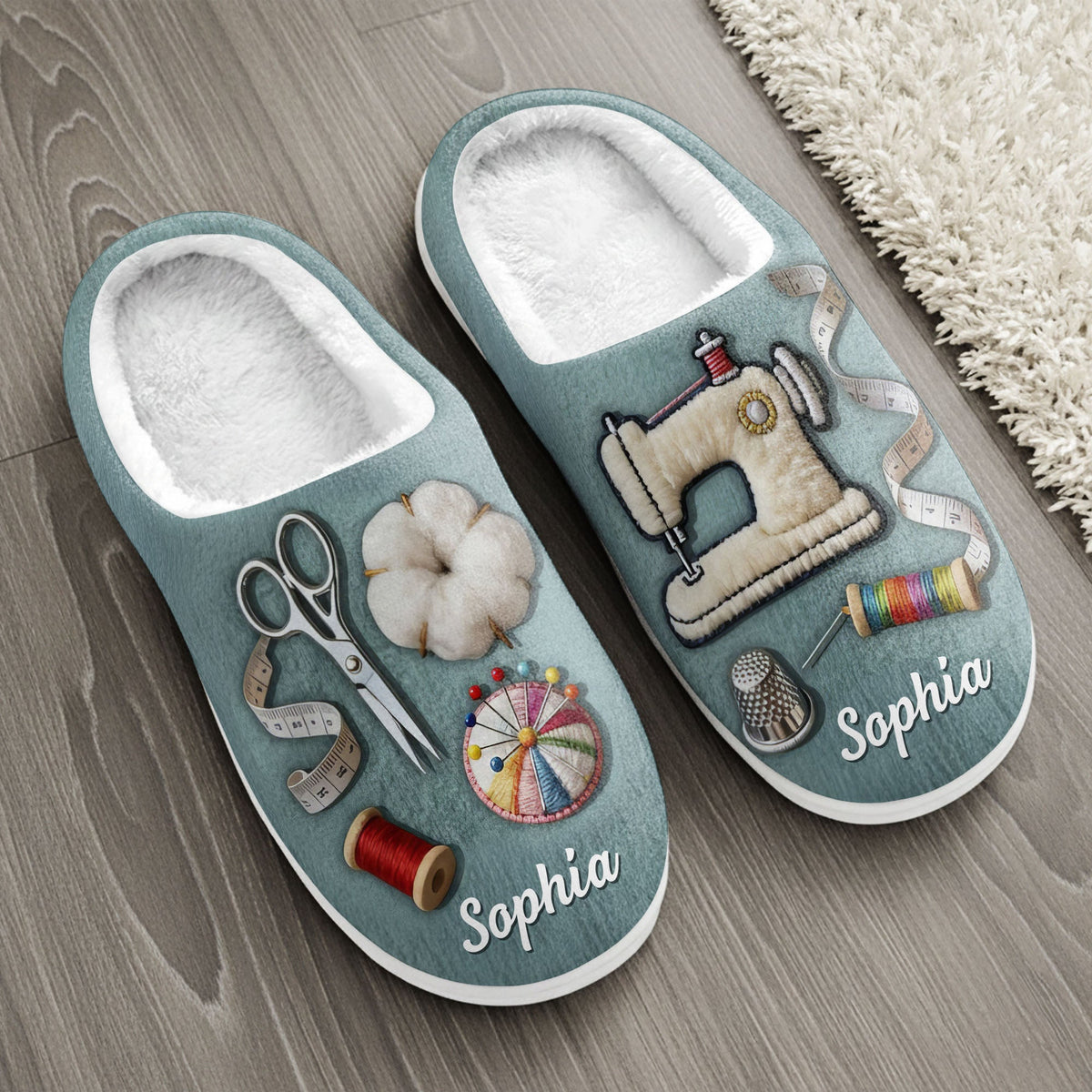 Customize With Your Name And Favorite Sewing Icons, Personalized Unisex Slippers, Gift For Crafters And Sewing Lovers