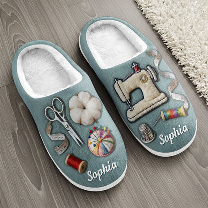 Customize With Your Name And Favorite Sewing Icons, Personalized Unisex Slippers, Gift For Crafters And Sewing Lovers