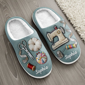 Customize With Your Name And Favorite Sewing Icons, Personalized Unisex Slippers, Gift For Crafters And Sewing Lovers