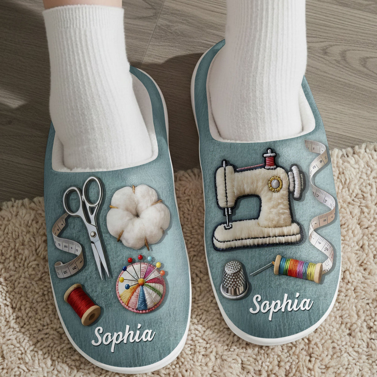 Customize With Your Name And Favorite Sewing Icons, Personalized Unisex Slippers, Gift For Crafters And Sewing Lovers