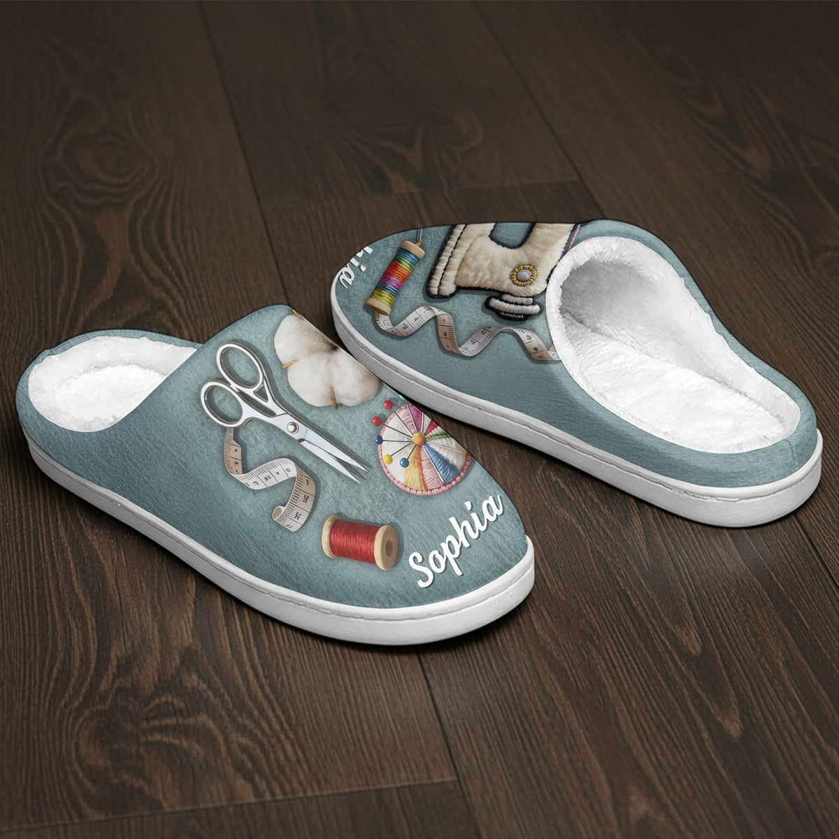 Customize With Your Name And Favorite Sewing Icons, Personalized Unisex Slippers, Gift For Crafters And Sewing Lovers