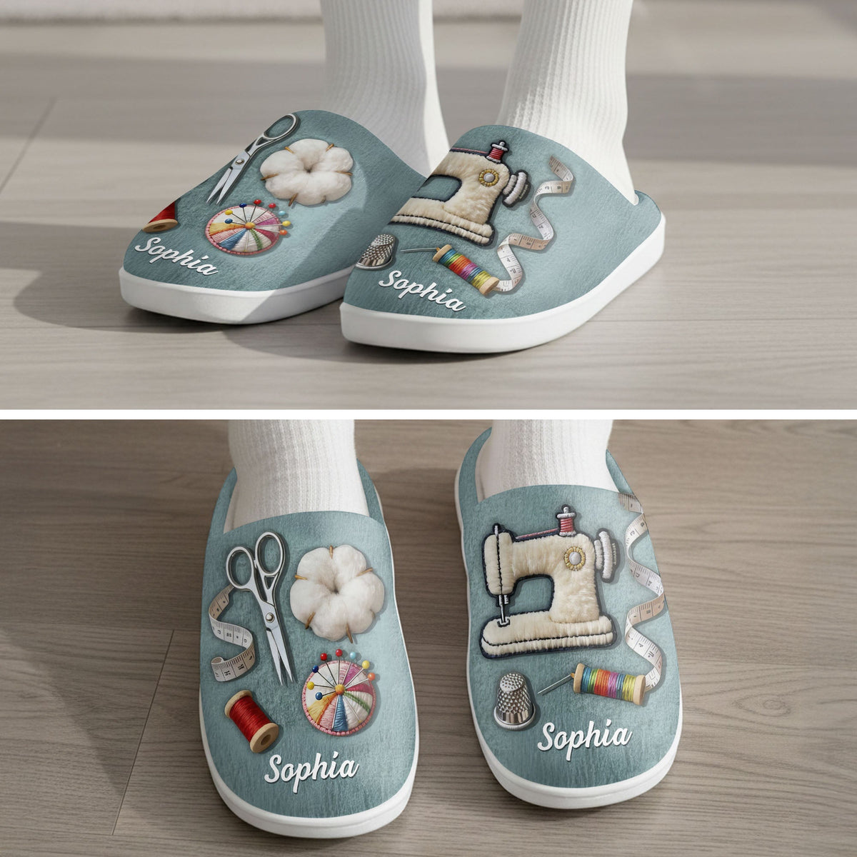 Customize With Your Name And Favorite Sewing Icons, Personalized Unisex Slippers, Gift For Crafters And Sewing Lovers