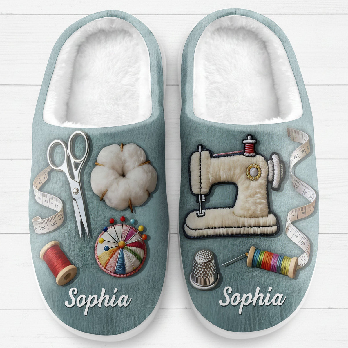 Customize With Your Name And Favorite Sewing Icons, Personalized Unisex Slippers, Gift For Crafters And Sewing Lovers