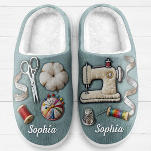 Customize With Your Name And Favorite Sewing Icons, Personalized Unisex Slippers, Gift For Crafters And Sewing Lovers
