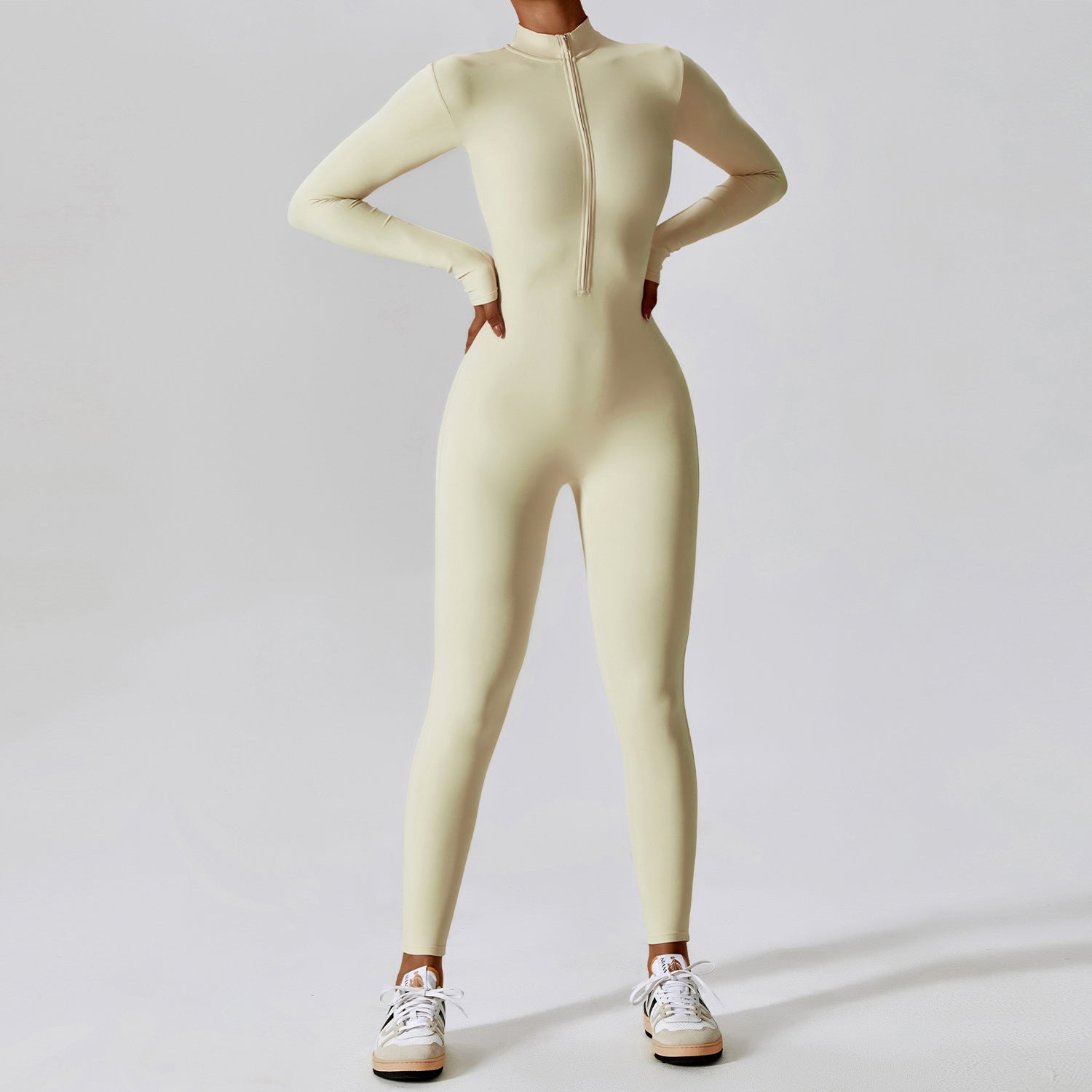 One Piece Long Sleeve Sport Wear Gym Fitness Workout Clothing Bodysuit Half Zip Design Yoga Jumpsuit