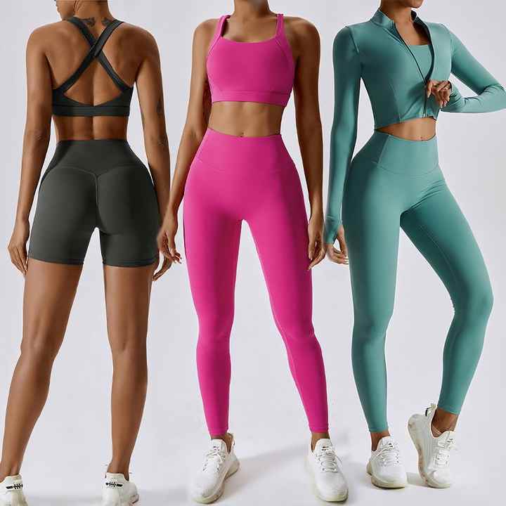 Fitness Bra Clothing Butt Lift Leggings Gym ActiveWear 4 Piece Workout Full Zip Jacket Gym Fitness Sets