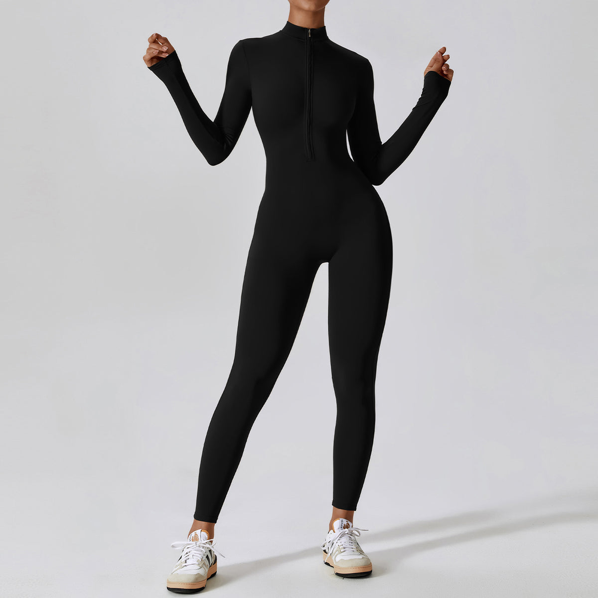 One Piece Long Sleeve Sport Wear Gym Fitness Workout Clothing Bodysuit Half Zip Design Yoga Jumpsuit
