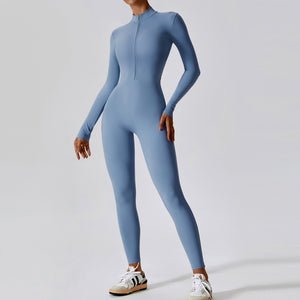 One Piece Long Sleeve Sport Wear Gym Fitness Workout Clothing Bodysuit Half Zip Design Yoga Jumpsuit