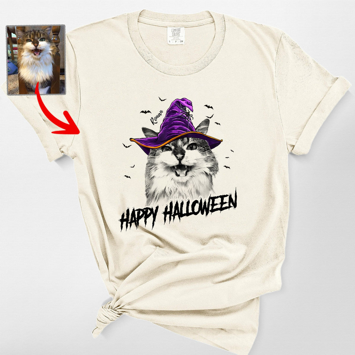 Fall-O-Ween Customized Cat Portrait Halloween T-Shirt Fall Season Cat Lovers Gift