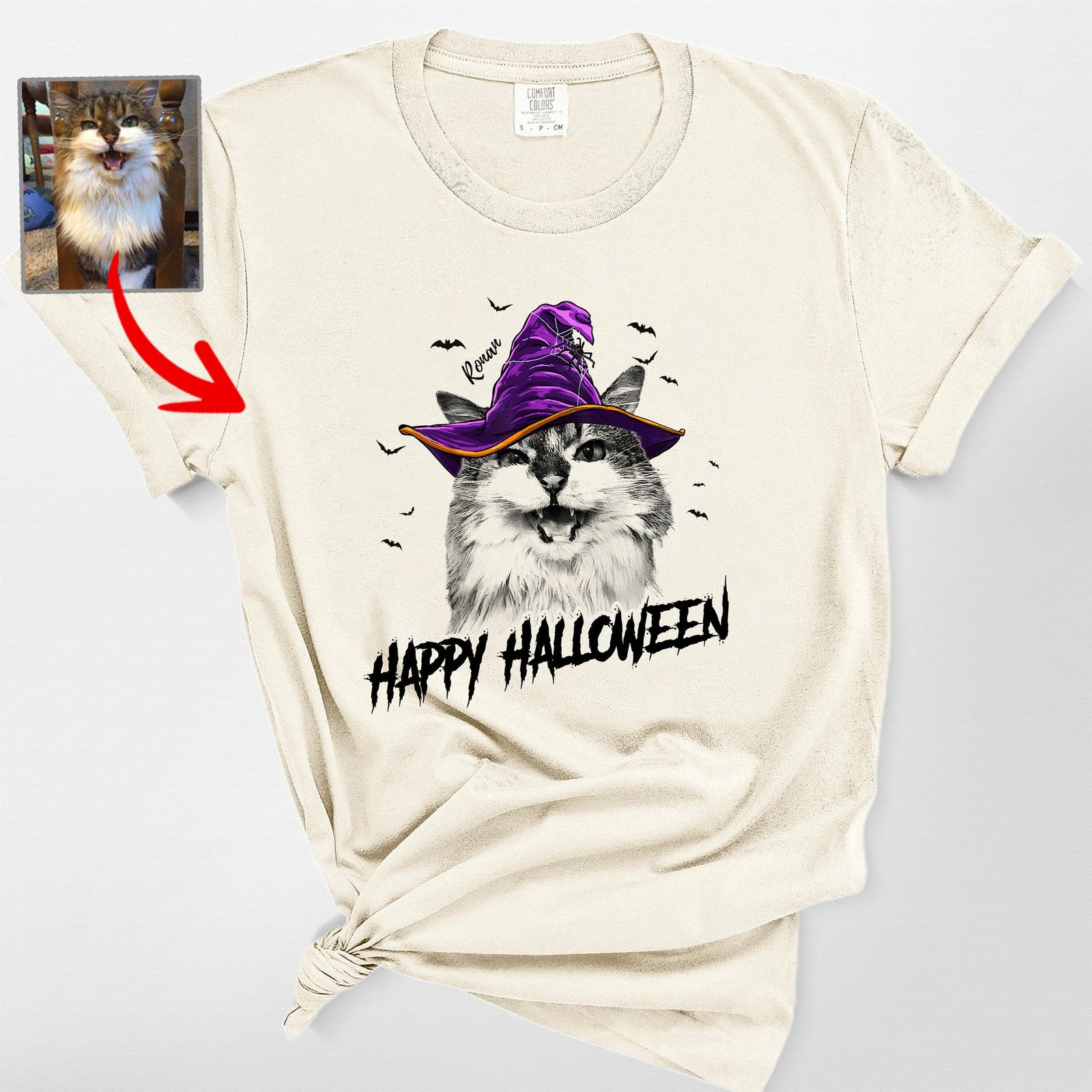 Fall-O-Ween Customized Cat Portrait Halloween T-Shirt Fall Season Cat Lovers Gift