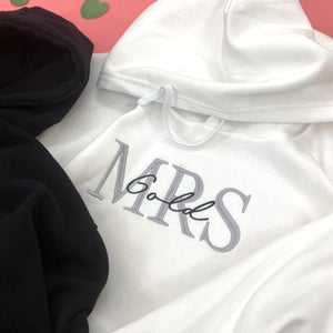 Personalized Mrs And Mr Embroidered Sweatshirt, Date On Sleeve, Hubby Wifey, Gift For Bride, Future Mrs. And Mr. Hoodie, Engagement Gift, Bride To Be