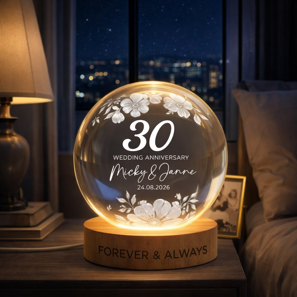 Custom Wedding Anniversary Crystal Ball LED Night Light, Personalized Pearl Anniversary Gift for Wife Husband Parents, Custom Couple Keepsake