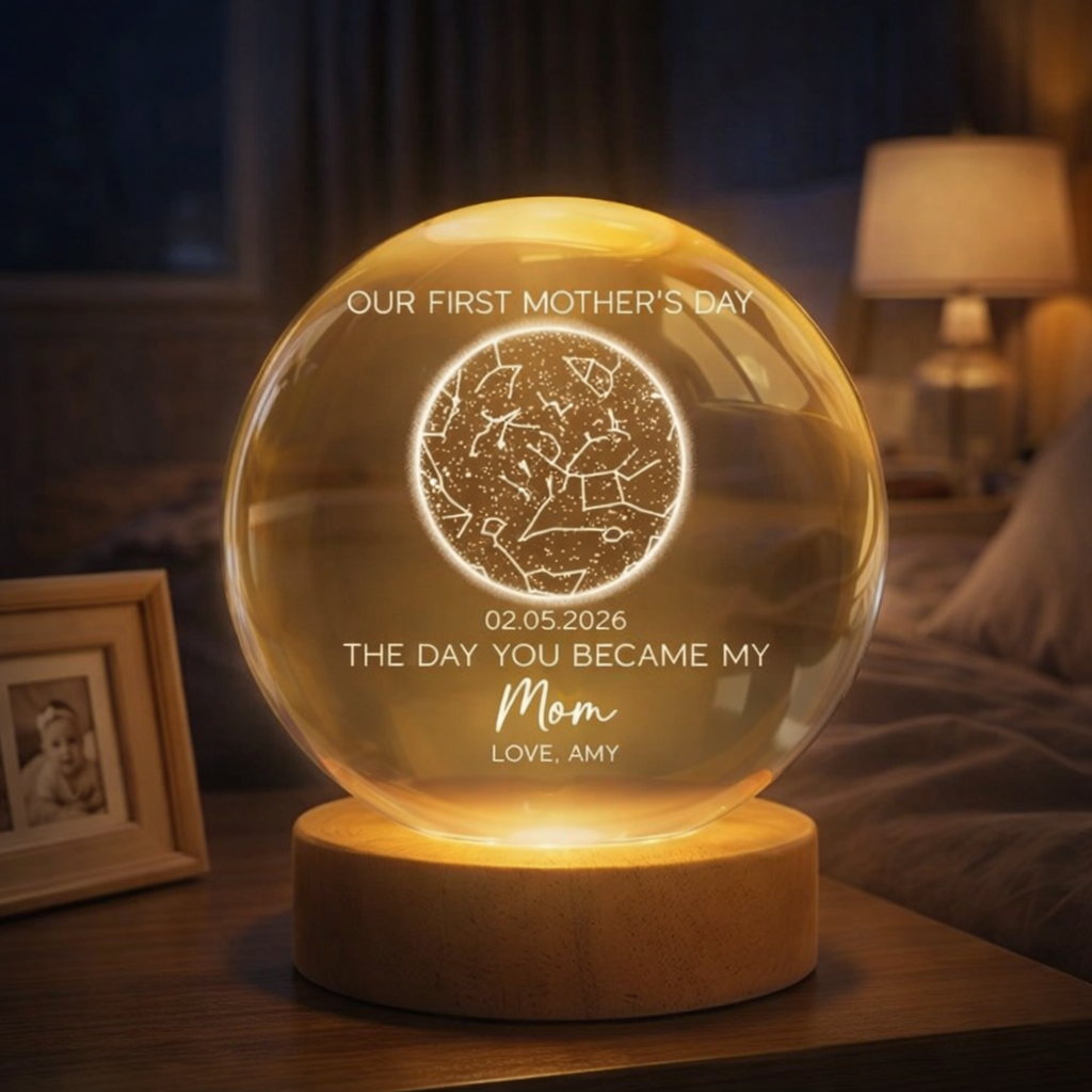The Day You Became My Mom Custom Star Map First Mother's Day, Personalized Crystal Ball LED Night Light, First Mother's Day Gift For New Mom
