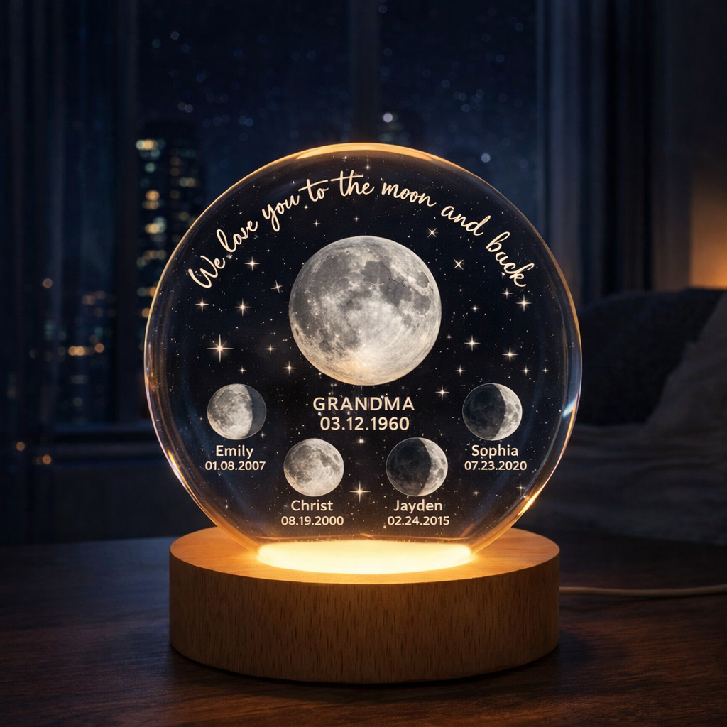 We Love You to the Moon and Back Crystal Ball Night Light, Custom Moon Phase by Date, Personalized LED Gift for Mom