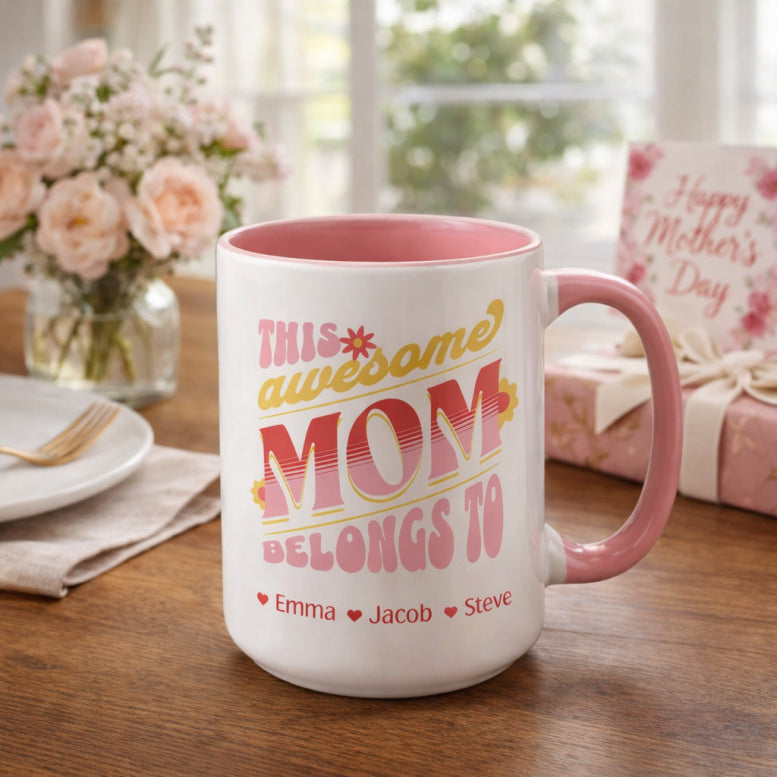 Personalized Mom Mug with Kids Names, This Awesome Mom Belongs To, Custom Mom Gift, Mother's Day Gift, Nana Mug, Grandma Mug