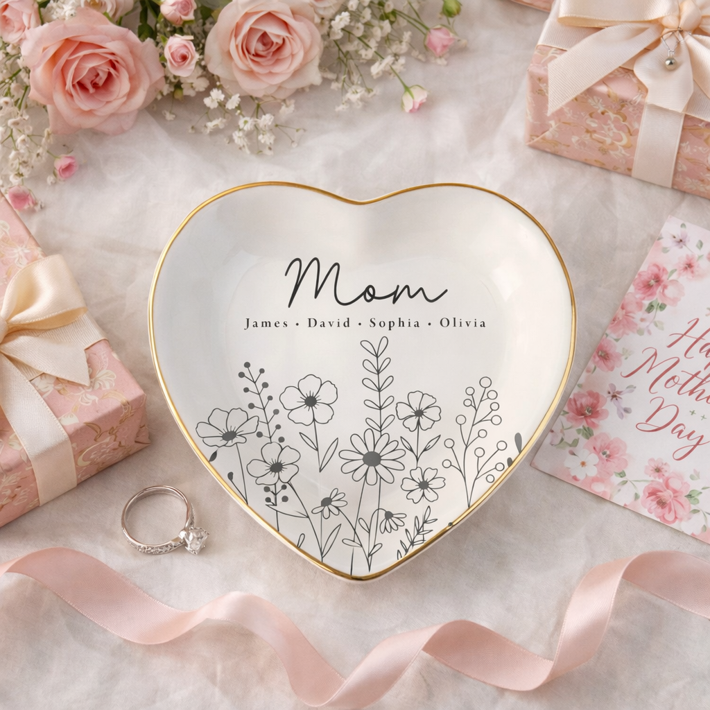 Custom Ring Dish for Mom Grandma with Kids Name, Grandma Trinket Dish, Wildflower Jewelry Tray, Birthday Mothers Day Gift for Mom or Grandma