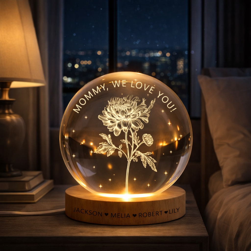 Personalized Birth Month Flower Crystal Ball Night Light, Custom Mother's Day Gift, Birthday Mom Gifts from Daughters, Sons
