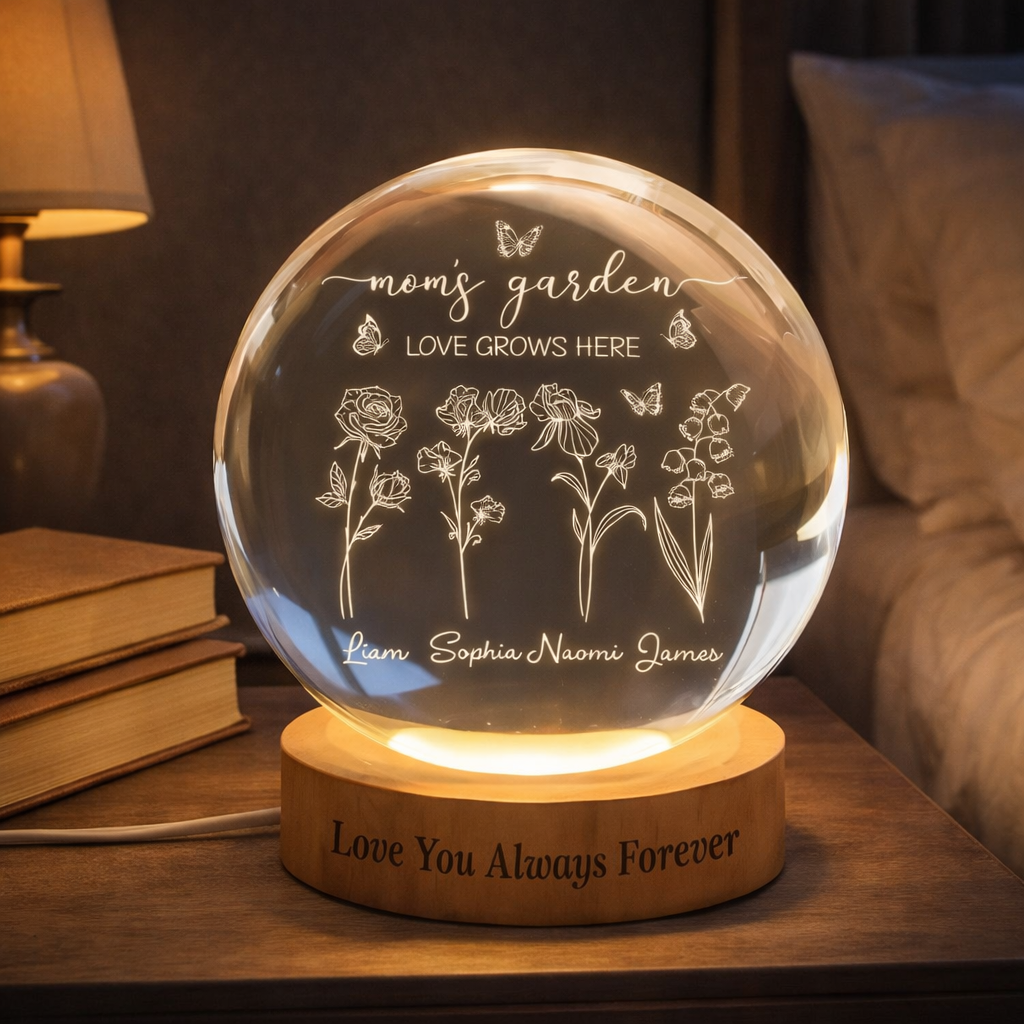 Grandma's Garden Crystal Ball Night Light, Custom Gift for Mom or Grandma, Birth Month Flower with Grandkids' Names, Gift for Mother's Day
