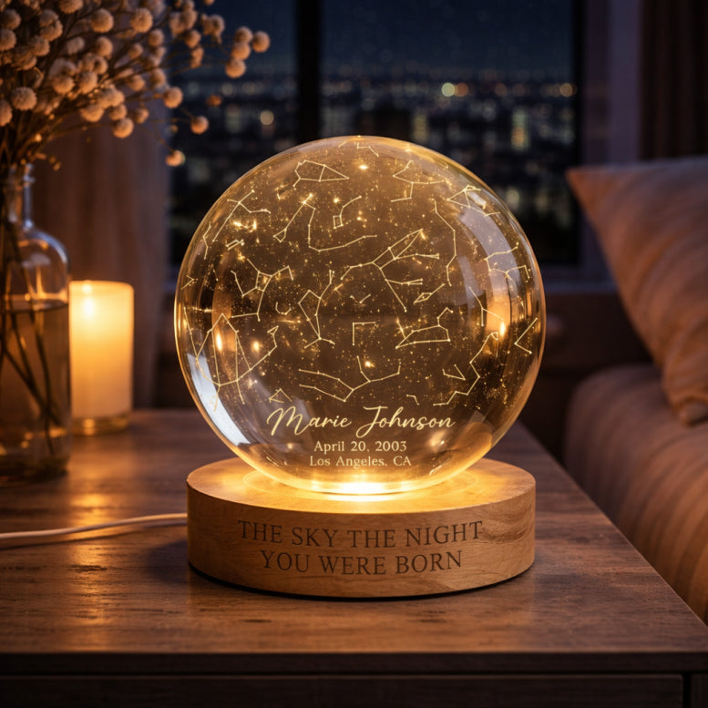 The Stars On The Night You Were Born Star Map By Date Crystall Ball Night Light Personalized Birthday Gift, Mother's Day Gifts
