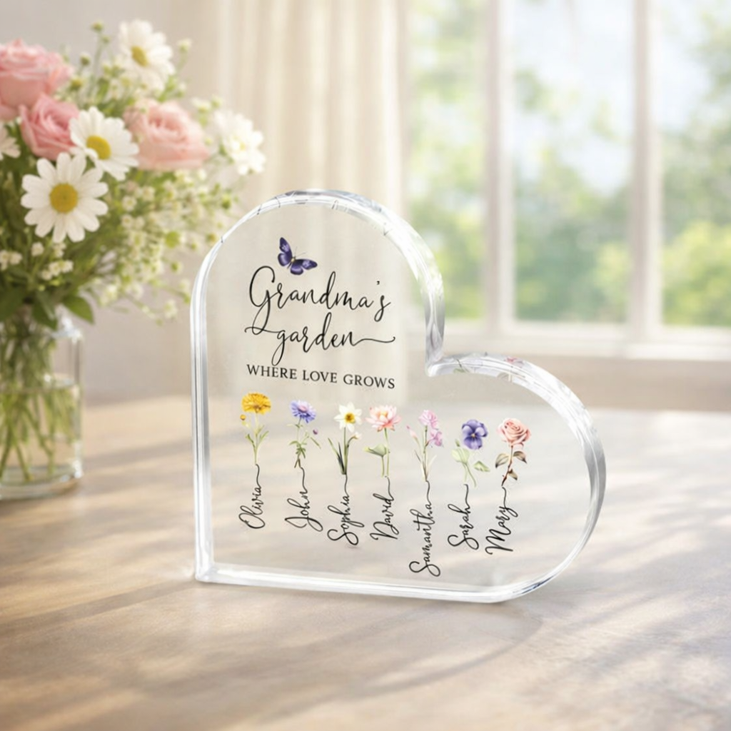 Grandma Gift, Personalized Grandma's Garden Gift For Grandma, Mother's Day Gift For Grandma, Birth Month Flower Heart Acrylic Plaque