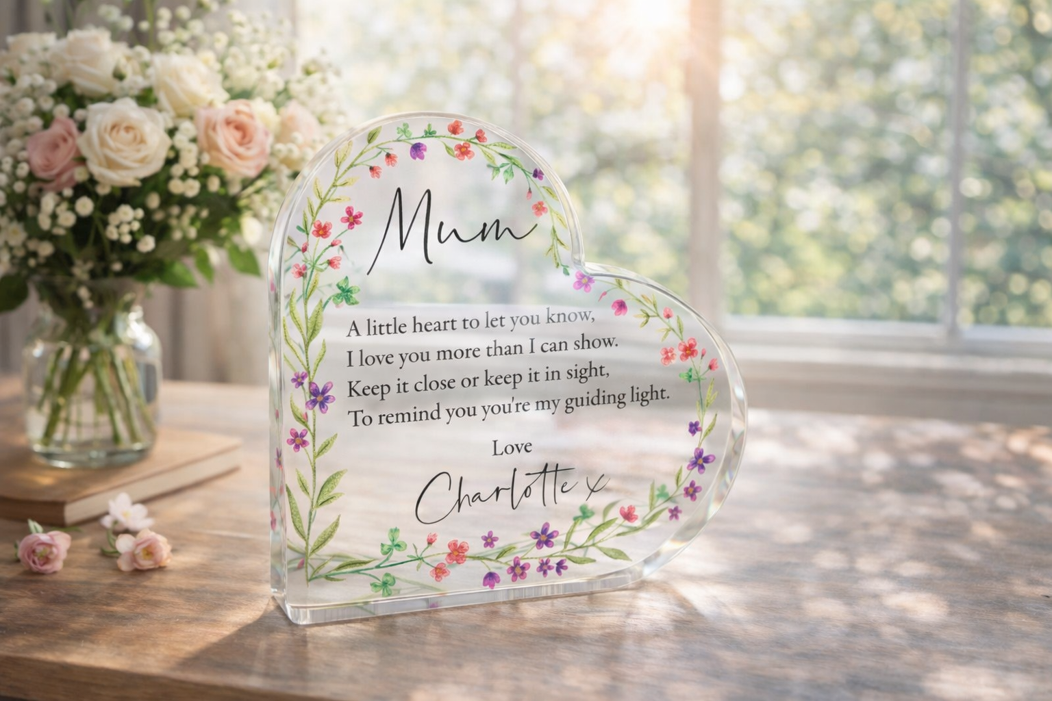 Personalised Mum's Mother's Day Poem Heart Acrylic Keepsake Gift for Nanny's Birthday, Grandma Present - Sentimental Floral Ornament