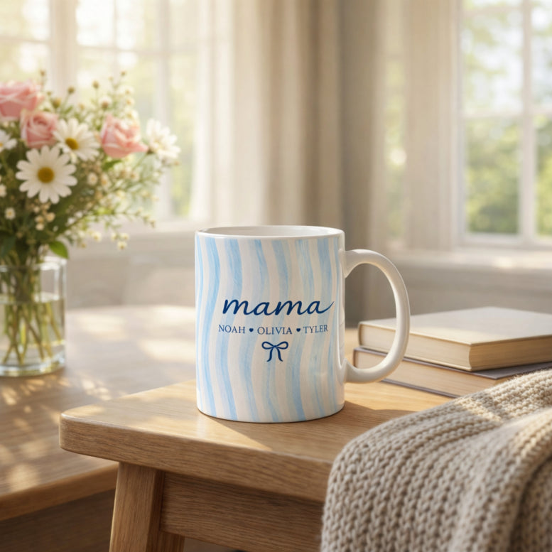 Custom Mom Name Ceramic Mug with Kids Names: Personalized Family Blue Striped Drinkware