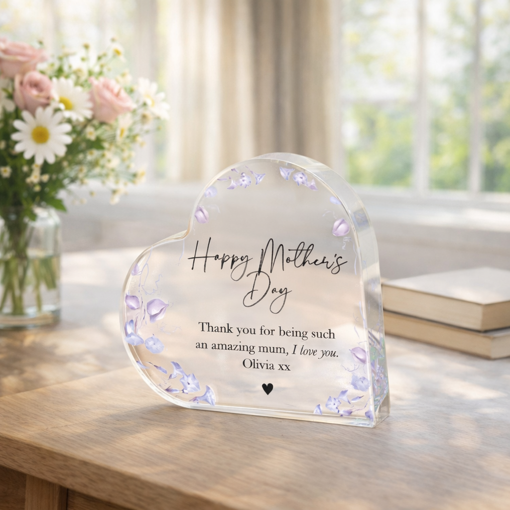 Personalised Mother's Day Acrylic Heart Plaque - Floral Thank You Keepsake for Mum
