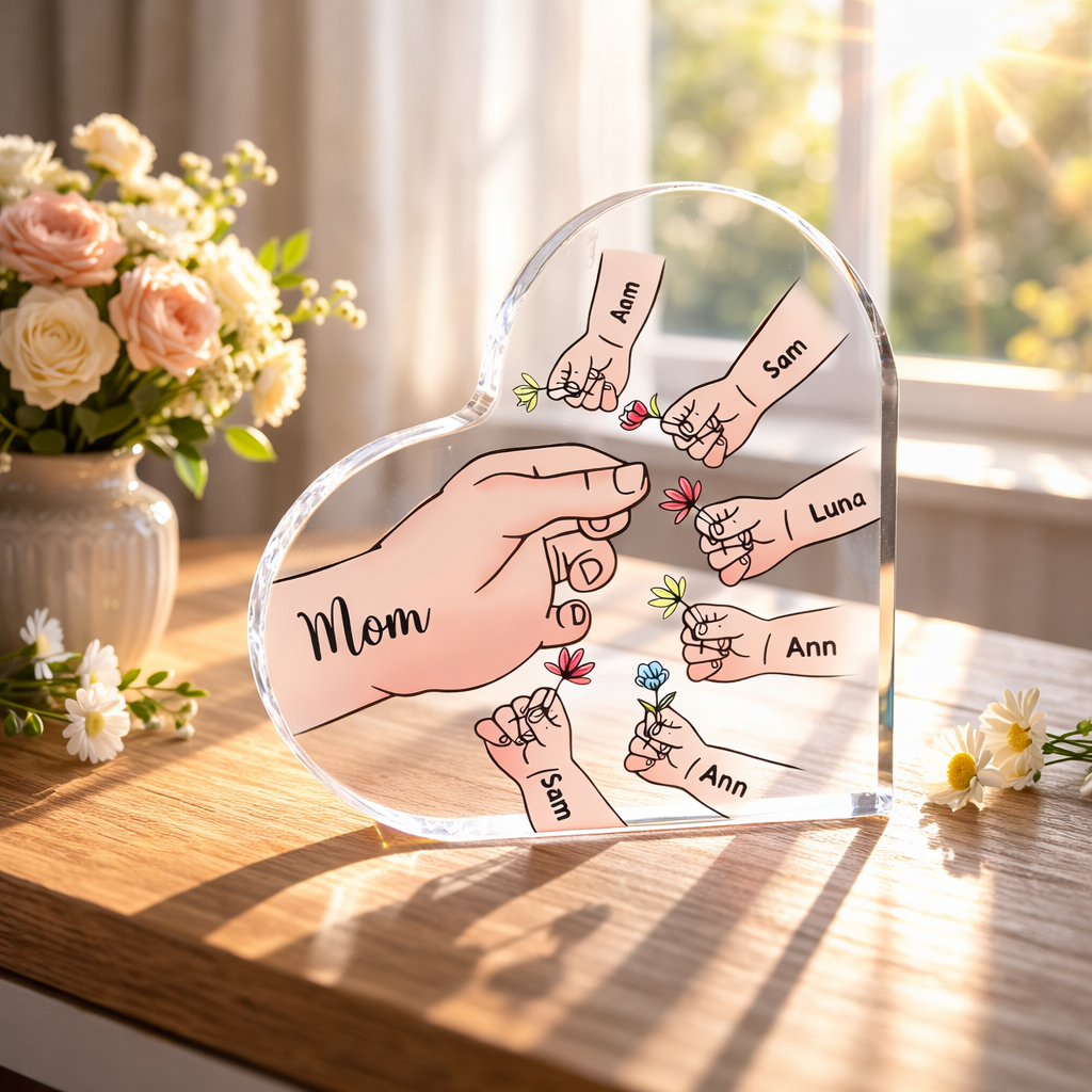 Personalized Name Mom And Kid Hands Heart Acrylic Plaque, Mother's Day Gift, Grandma Gifts, Floral Frame Birthday For Her