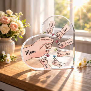 Personalized Name Mom And Kid Hands Heart Acrylic Plaque, Mother's Day Gift, Grandma Gifts, Floral Frame Birthday For Her