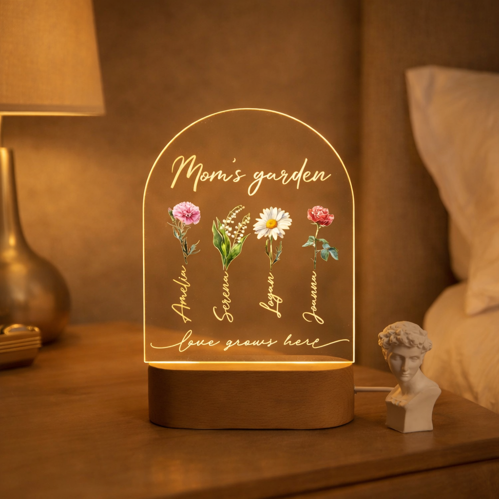 Custom Grandma's Garden Night Light, Birth Flower Lamp with Kid's Names, Mother's Day Gift, Gift for Grandma, Family Memorial Decor