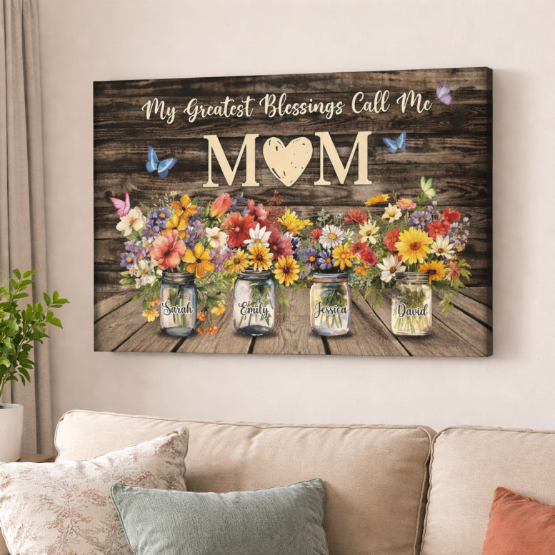 Personalized Mom Canvas with Custom Family Name Floral Art Print, Elegant Botanical Wall Decor Gift for Mother, Unique Family Keepsake Artwork Design