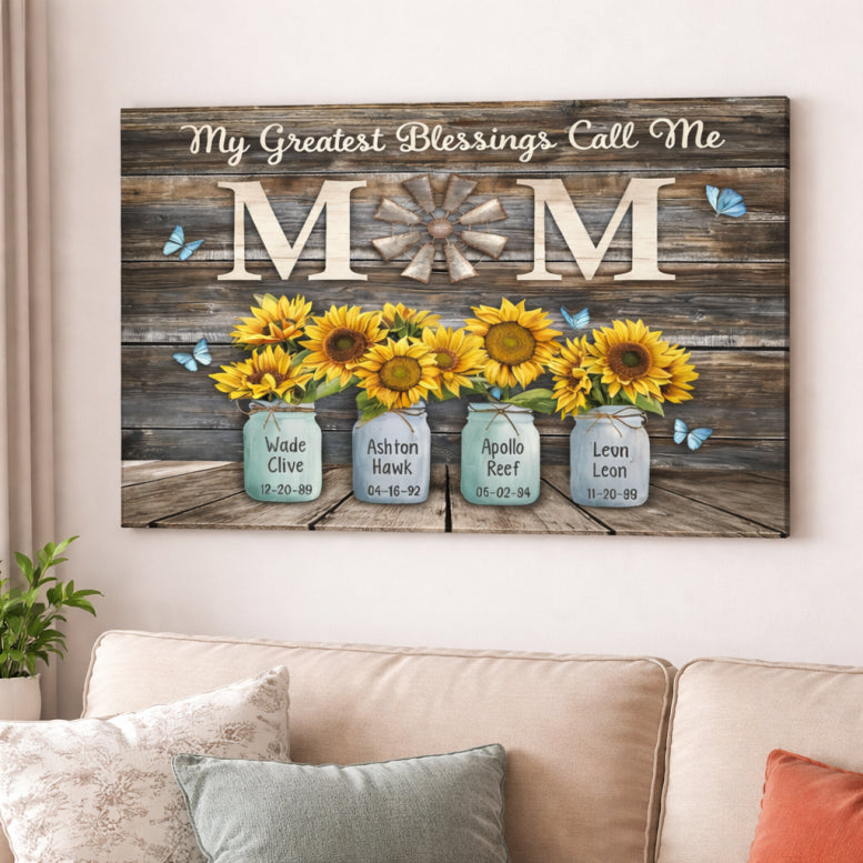 Personalized Mom Canvas Wall Art, Custom Sunflower Family Names, Meaningful Home Decor Gift