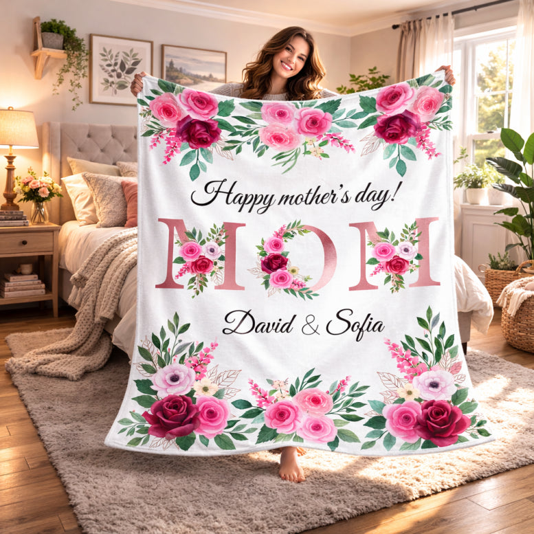 Mom Personalized Flannel Blanket, Custom Name Mom Blanket, Mother s Day Gift for Mom, Cozy Floral Blanket, Birthday Gift for Mom from Kids