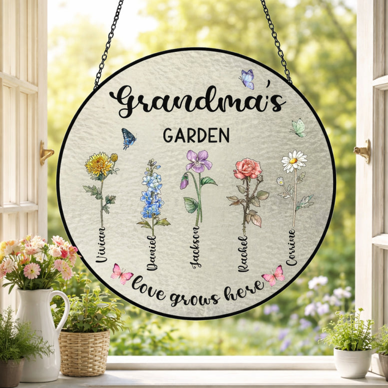 Personalized Grandma s Garden Glass Suncatcher, Custom Birth Flower Grandma Gift, Mothers Day Gift for Grandma