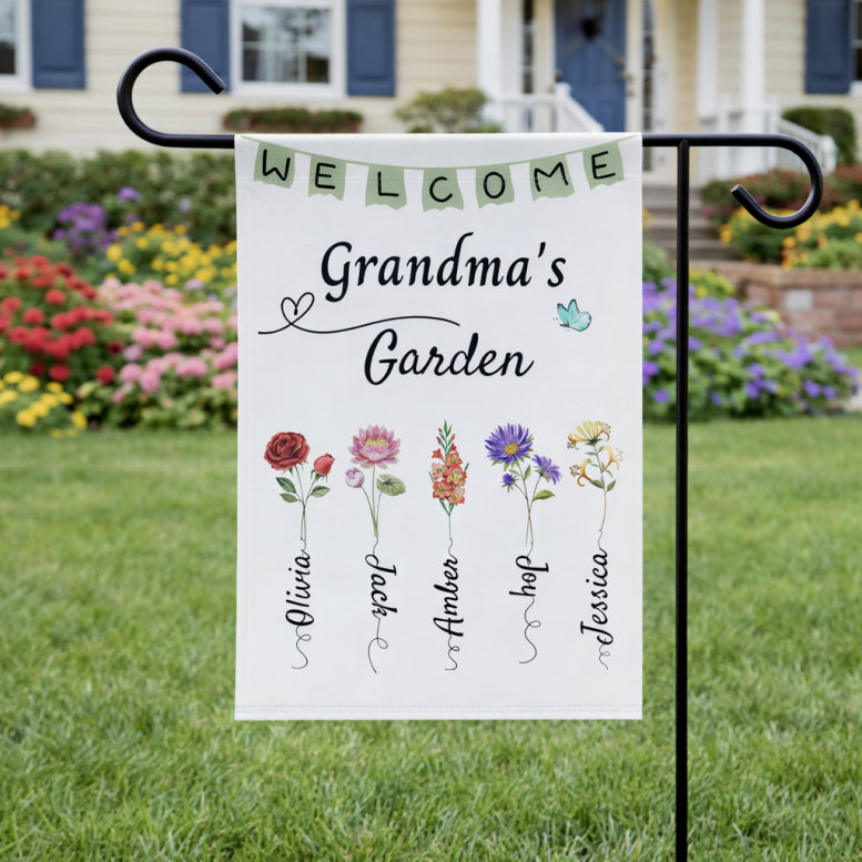 Personalized Welcome To Grandma's Garden Flag BirthDay Gift For Grandmother Custom Grandkids Name Mimi Granny Birthday Garden Sign banner