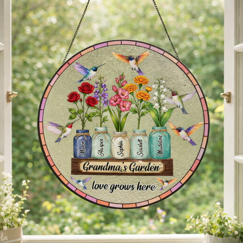 Personalized Grandma's Garden Gift For Grandma, Grandma Gift, Mother's Day Gift For Grandma, Nana Birth Month Flower Stain Glass Suncatcher