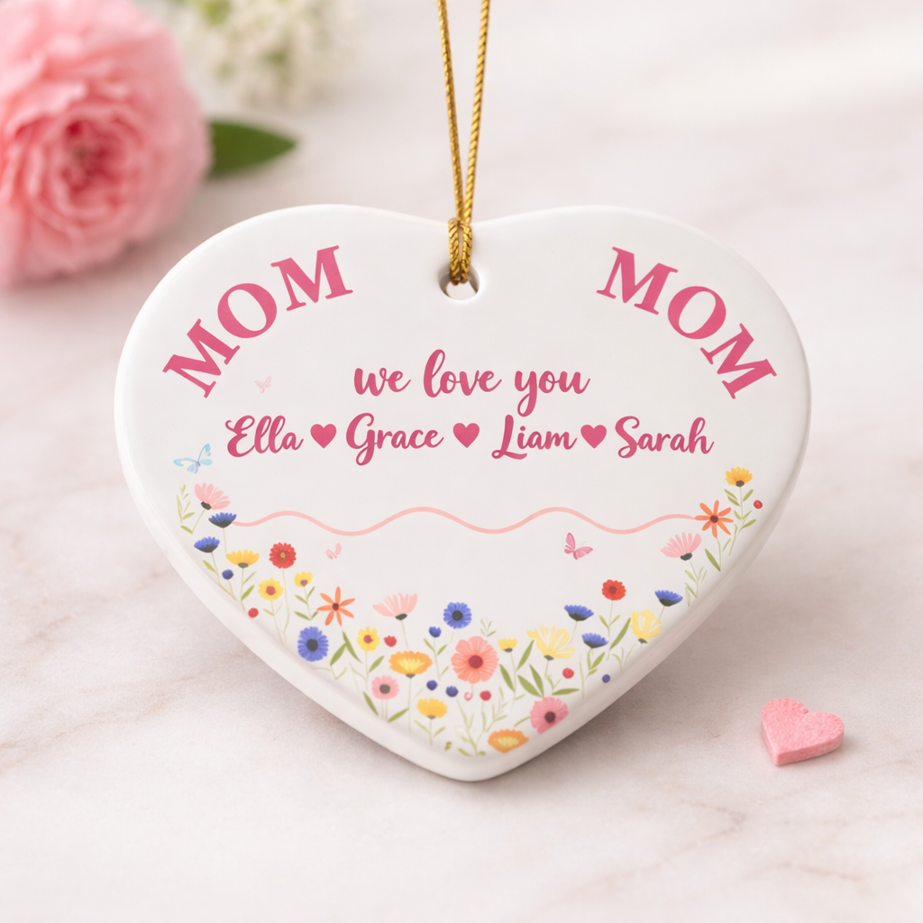 We Love You Mom Personalized Heart Ornament, Custom Names Wildflower Ceramic Keepsake, Mom Birthday Gift from Kids, Mother's Day Home Decor