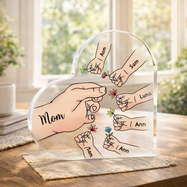 Personalized Name Mom And Kid Hands Heart Acrylic Plaque, Mother's Day Gift, Grandma Gifts, Floral Frame Birthday For Her