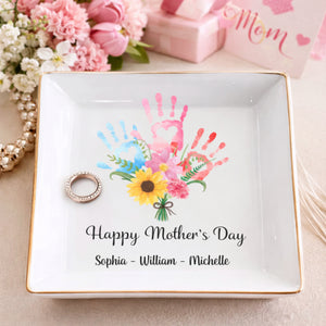 We Love You Mom Hand Prints Bouquet - Personalized Jewelry Dish, Mother's Day Gift for Mom/Grandma, Wedding Favor Gifts For Mom