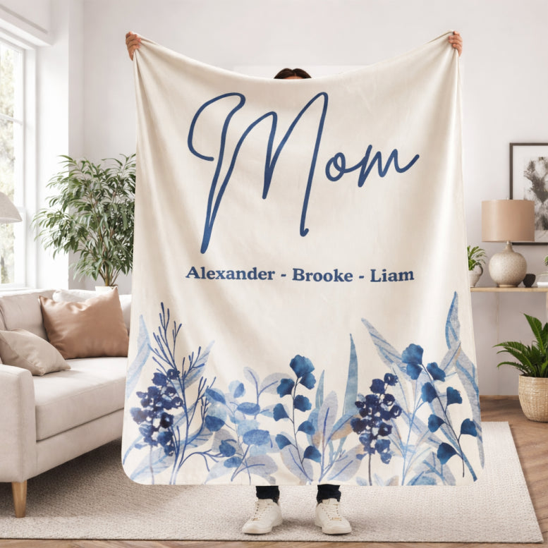 Personalized Floral Mom Blanket With Kids Names, Custom Mother's Throw, Gift For Mother