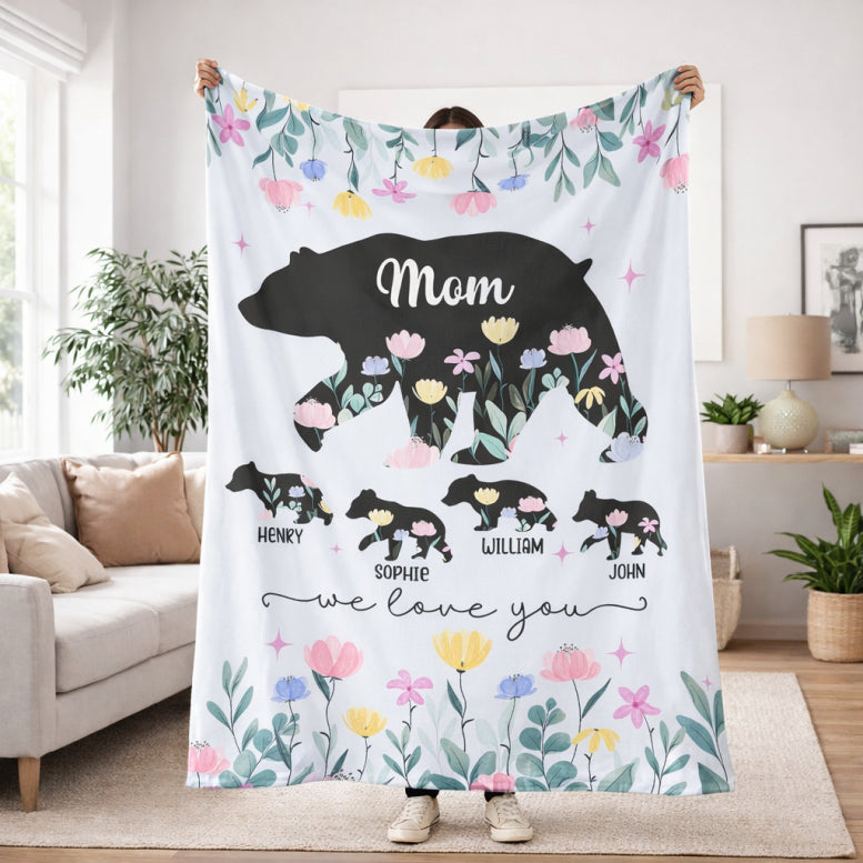 Mom Personalized Fleece Blanket, Mom Bear, Mothers Day Gift, Custom Mom Gift, Mom Birthday Gift, Mom Gift Daughter