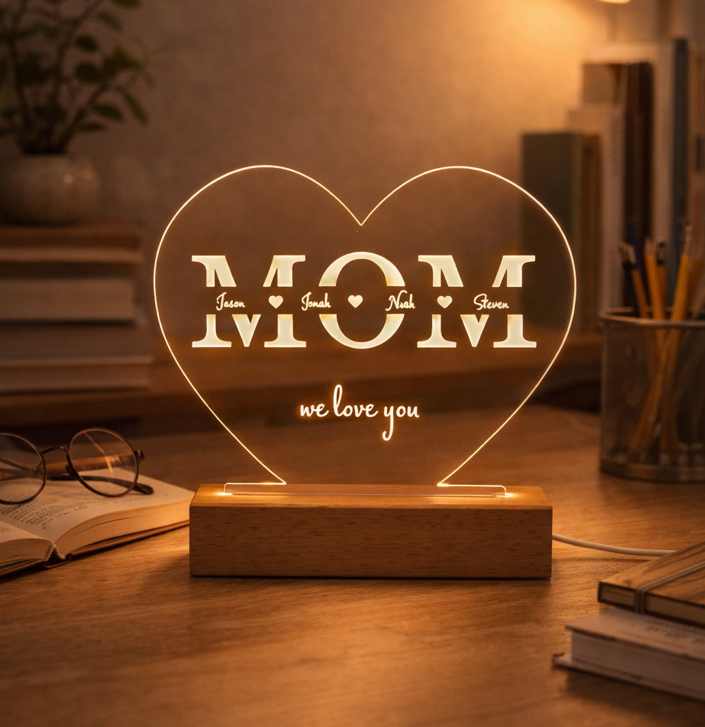 Personalized MOM Night Light, Custom Kids Names, Gift Idea for Mom, Mother's Day Gift, Heart Acrylic Picture Lamp, Birthday Gift for Mom