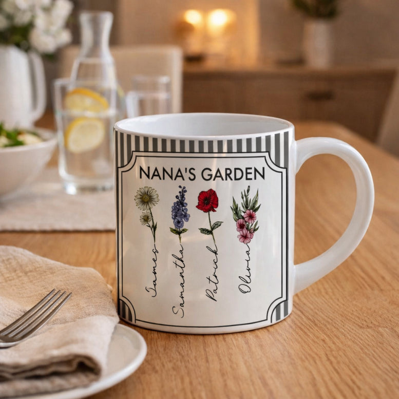 Nana s Garden Mug, Custom Grandchildren Names Mug, Floral Family Mug, Mother s Day Gift