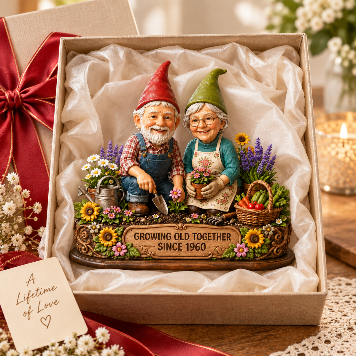 Personalized Growing Old Together Figurine Wooden Block, Custom Couple Photo Garden Gnome, Anniversary Gift for Husband Wife