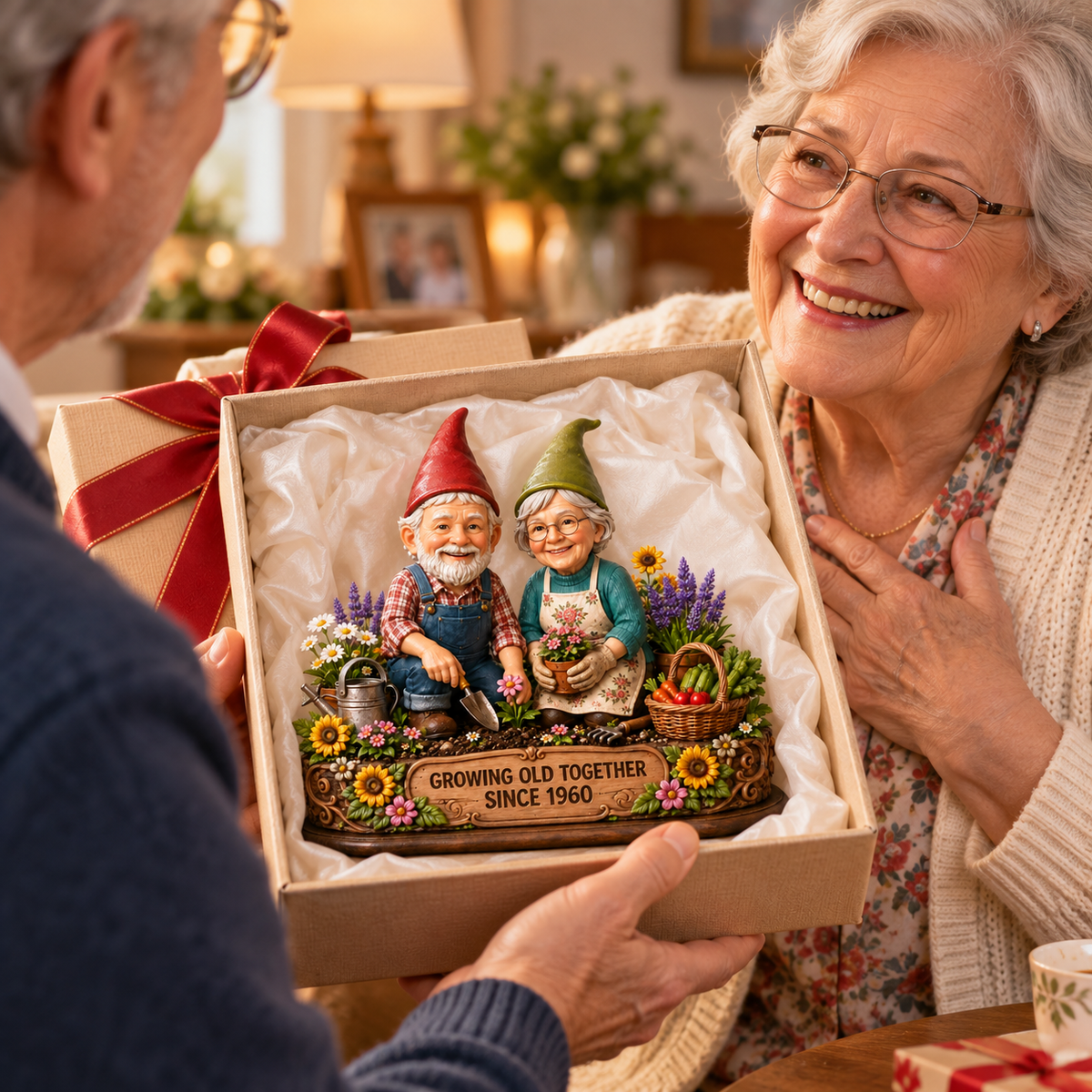 Personalized Growing Old Together Figurine Wooden Block, Custom Couple Photo Garden Gnome, Anniversary Gift for Husband Wife