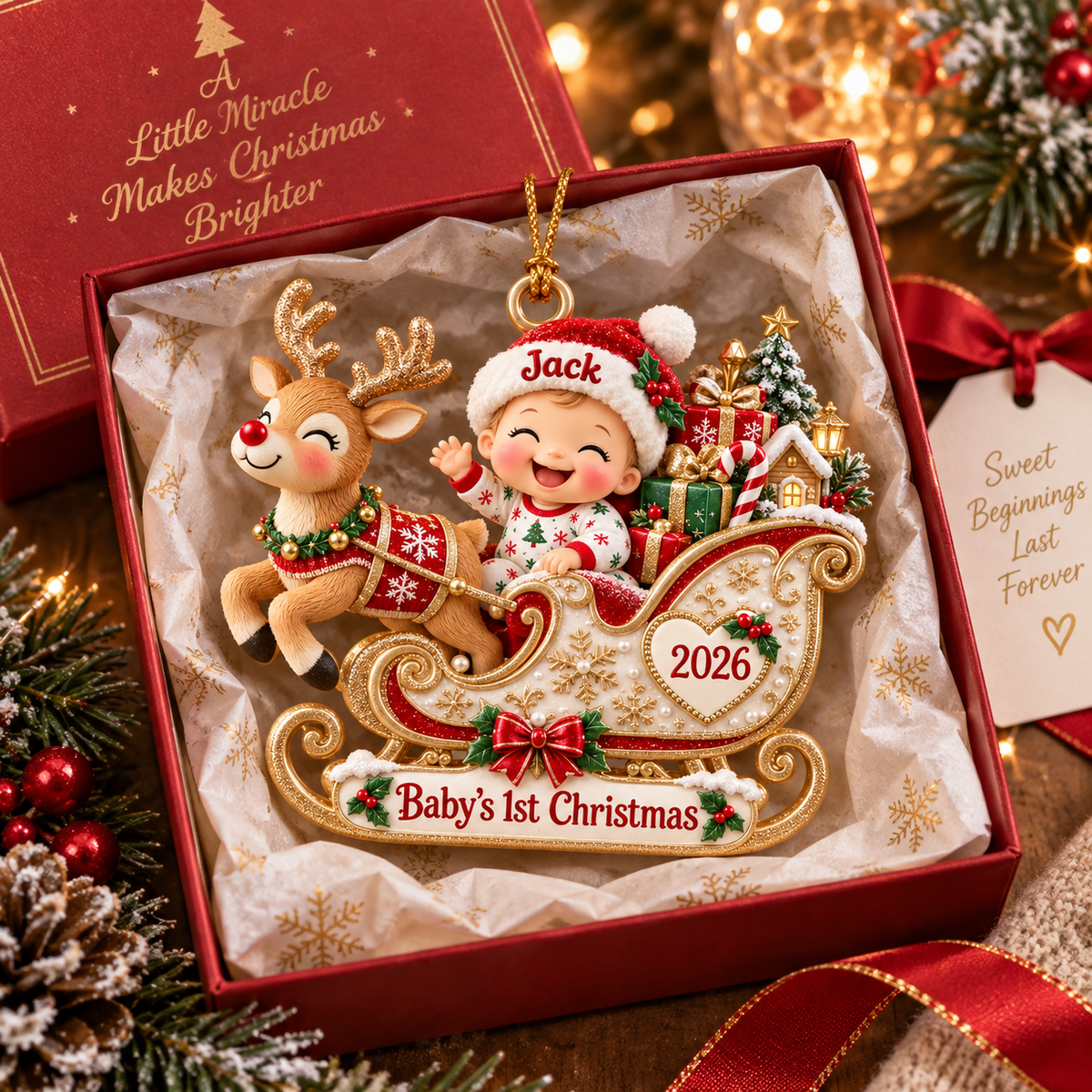 Personalized Baby’s First Christmas Ornament 2026 – Custom Name Reindeer Sleigh Christmas Keepsake, First Christmas Gift for Baby Boy or Girl