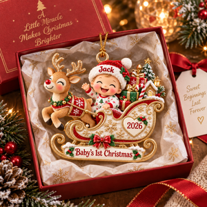 Personalized Baby’s First Christmas Ornament 2026 – Custom Name Reindeer Sleigh Christmas Keepsake, First Christmas Gift for Baby Boy or Girl