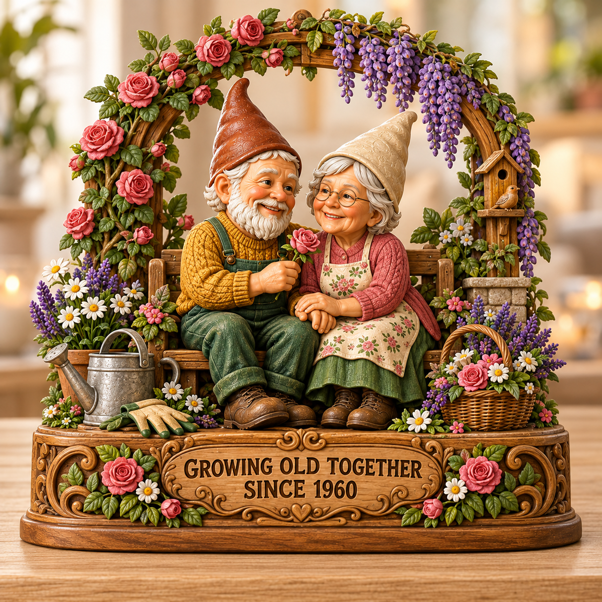Personalized Growing Old Together Figurine Wooden Block, Custom Couple Photo Garden Gnome, Anniversary Gift for Husband Wife