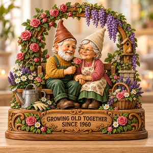 Personalized Growing Old Together Figurine Wooden Block, Custom Couple Photo Garden Gnome, Anniversary Gift for Husband Wife